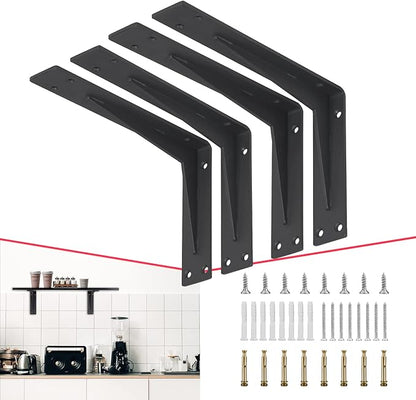 CLT 16” Black Shelf Bracket, 1/5" Thick – Heavy Duty Corner Brace, Supports 440 lbs, Industrial Modern Farmhouse Style – Right Angle Bracket for Tables, Benches, DIY Space-Saving Projects (Pack of 4)