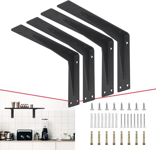 CLT 16” Black Shelf Bracket, 1/5" Thick – Heavy Duty Corner Brace, Supports 440 lbs, Industrial Modern Farmhouse Style – Right Angle Bracket for Tables, Benches, DIY Space-Saving Projects (Pack of 4)