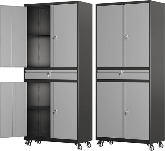 73" Metal Garage Storage Cabinet with Wheels， Rolling Tool Storage with Locking Doors， Adjustable Shelves and Drawer, Heavy Duty Steel Tool Cabinet for Garage, Warehouse, School(Black Grey)