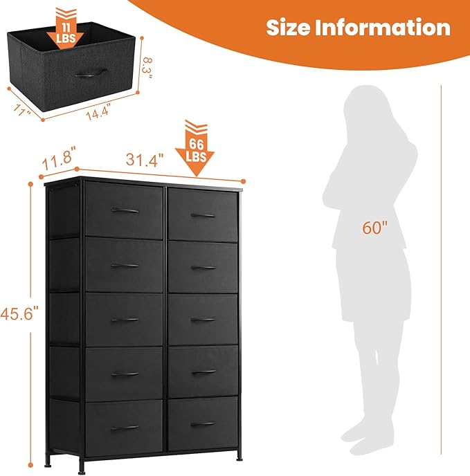 Sweetcrispy Tall Dresser for Bedroom, Drawer Dresser Organizer Storage Drawers with 10 Drawers, Chest of Drawers with Fabric Bin, Steel Frame, Wood Top for Bedroom, Closet, Entryway