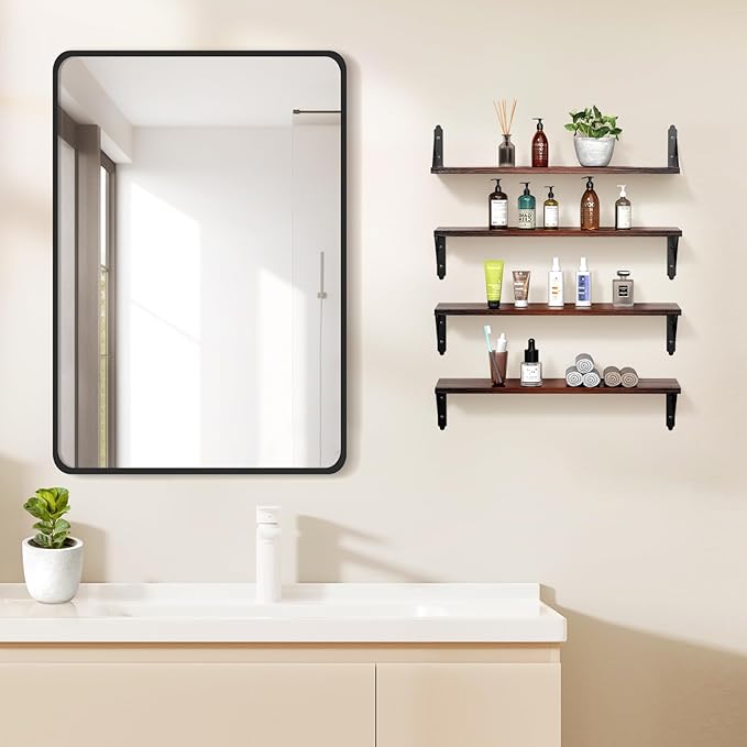 Wood Floating Shelves Set of 4, Rustic Storage Decor Wall Shelves, Wall Mounted Shelf for Living Room, Bedroom 23.6" x 6", Brown