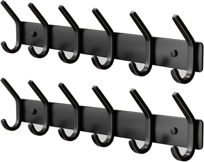 Coat Rack Wall Mount Hooks - 15 Inch Matte Black Metal 6-Hook Organizer Wall Mounted, Modern Kids Room, Entryway & Bathroom Hanger for Beach Towels, Coats, Purses, Bags (2 Pack)