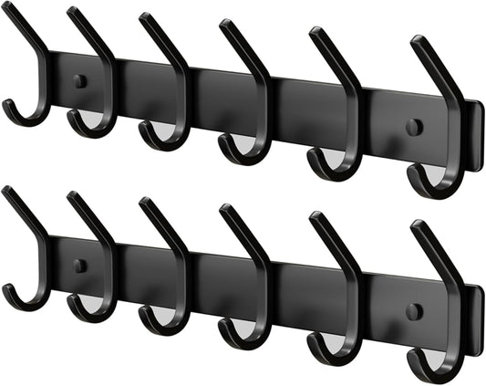 Coat Rack Wall Mount Hooks - 15 Inch Matte Black Metal 6-Hook Organizer Wall Mounted, Modern Kids Room, Entryway & Bathroom Hanger for Beach Towels, Coats, Purses, Bags (2 Pack)