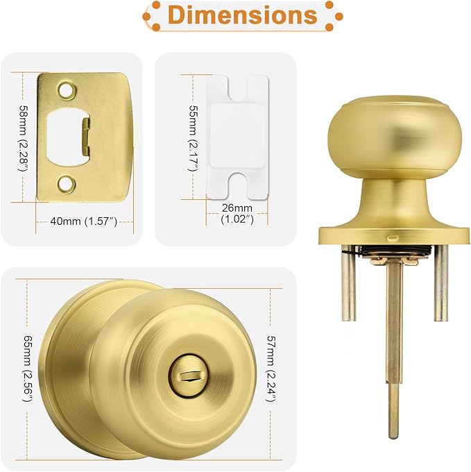 Probrico Brushed Brass Door Knob, Gold Bedroom Bathroom Door Knobs Inteior, Privacy Door Knobs, 1 Pack