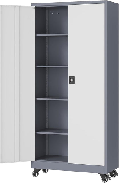 Metal Rolling Storage Cabinet-74.6” Tall Steel File Cabinets with Wheels Lockable Doors and Adjustable Shelves-Gray & White Steel Storage Cabinet for Home, School, Office, Garage