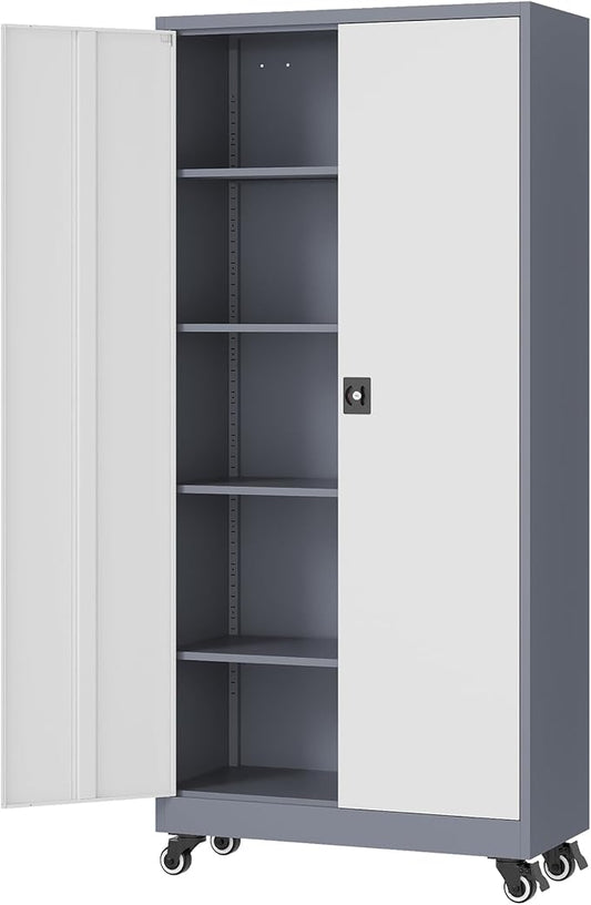 Metal Rolling Storage Cabinet-74.6” Tall Steel File Cabinets with Wheels Lockable Doors and Adjustable Shelves-Gray & White Steel Storage Cabinet for Home, School, Office, Garage