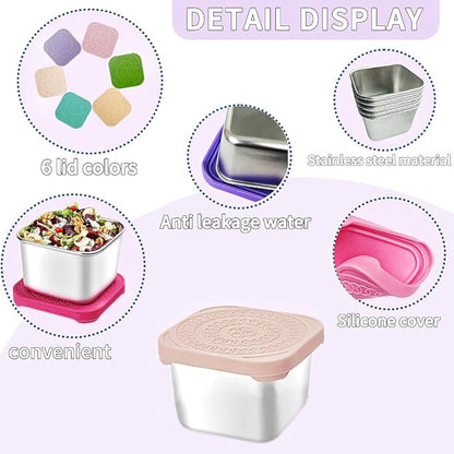 6Pack Stainless Steel Snack Containers for Kids, Easy Open Leak Proof Metal Toddler Snack Containers with Silicone Lids, Stackable Metal Toddler Lunch Box for Daycare, School and Travel (6oz)