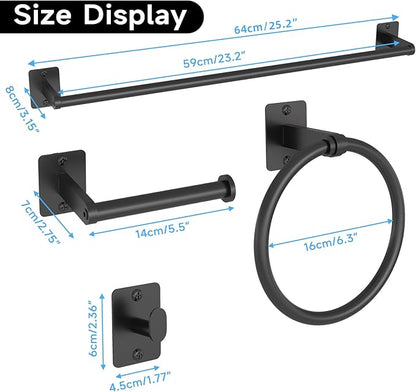 Matte Black Bathroom Accessories Set, KLJKPA 4 Pieces Bathroom Hardware Set, 24 inch Towel Bar, Towel Racks for Bathroom, Robe Towel Hooks, Toilet Paper Holder Wall Mounted