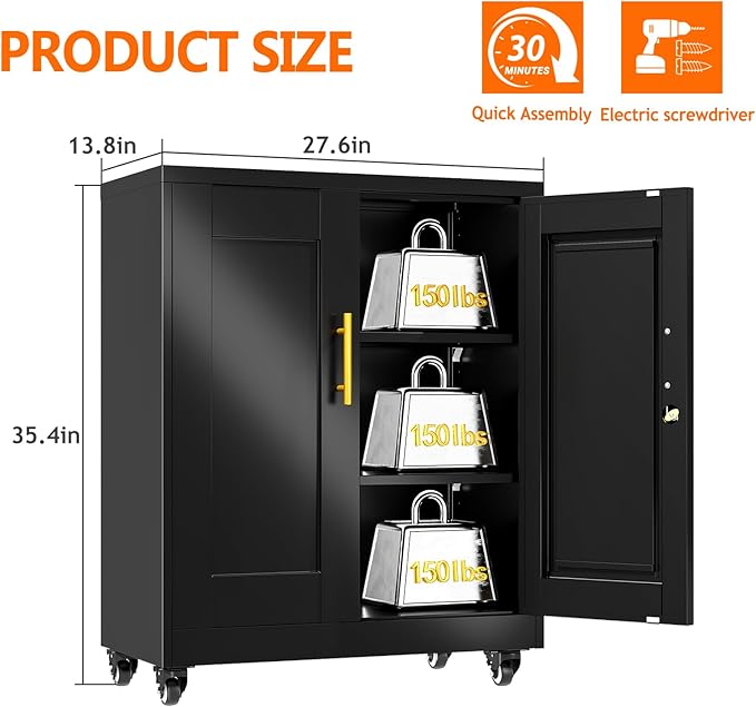Metal Storage Cabinet with Wheels, 36" Tall Locking Storage Cabinet with 2 Adjustable Shelves, Locking Garage Cabinet, Steel Locker Organizer, for Office, Home, School, Black