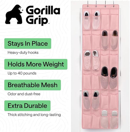 GORILLA GRIP Over the Door Shoe Organizer, 24 Large Breathable Mesh Pockets, Space Saving Hanging Storage Holder, Closet Rack Hanger Holds Up to 40 lbs, Hangs on Closets for Shoes, Accessories, Pink