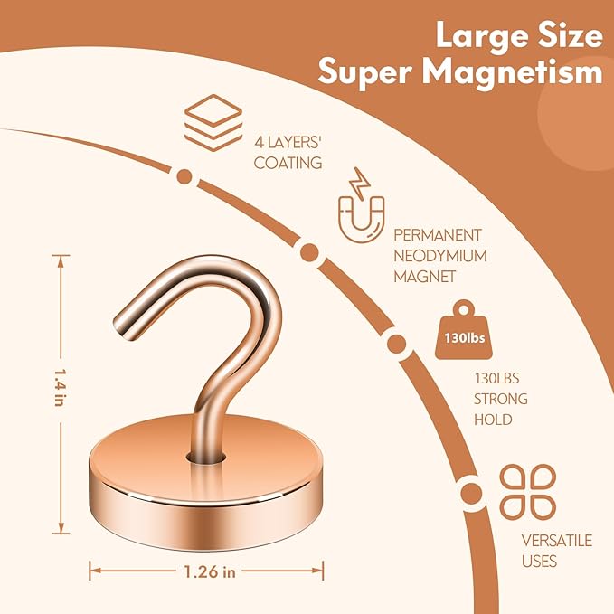 Neosmuk Magnetic Hooks, Cruise Ship Essentials, 130lb+ Heavy Duty Magnetic Hooks for Cruise Cabins, Refrigerator, Grill, Hanging, and Travel | Extra Strong Must-Haves Magnet Hook,Bronze