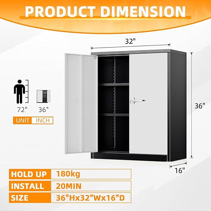 INTERGREAT Metal Garage Storage Cabinet, 36" Locking Counter Cabinet with 2 Locking Doors and 2 Adjustable Shelves, Small Steel Cabinet for for Home Office, Gym, School(New Grey)