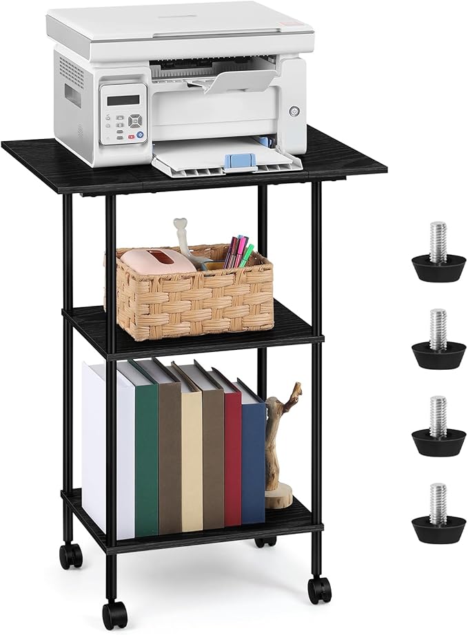Shinoske Black Printer Stand with Storage,3 Tier Large Printer Table with Wheels for Home Office,Rolling Printer Cart with Storage Shelf,for Under Desk,Living Room,Kitchen