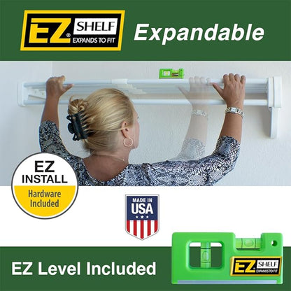 EZ Shelf-Expandable-Closet Shelf (NO Hanging Rod)- 19.5” to 29” -White-Easy Install to Backwall(Floating)-Wire Closet Shelving Alternative-(EZS-SW27-1-2)
