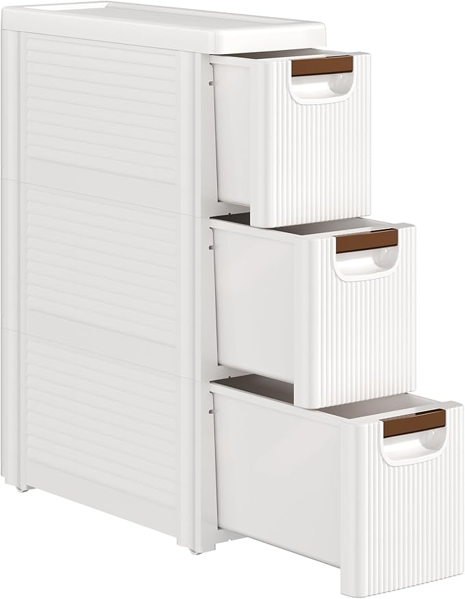 VECELO 3-Drawer Narrow Bathroom Storage Cabinet, Mobile Plastic Slim Rolling Organizer Cart with Built-in 4 Wheels for Living Room, Kitchen, Bathroom, Bedroom, Office, White(16.5" x 7.5" x 22.2")