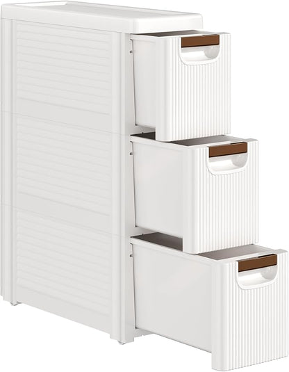VECELO 3-Drawer Narrow Bathroom Storage Cabinet, Mobile Plastic Slim Rolling Organizer Cart with Built-in 4 Wheels for Living Room, Kitchen, Bathroom, Bedroom, Office, White(16.5" x 7.5" x 22.2")