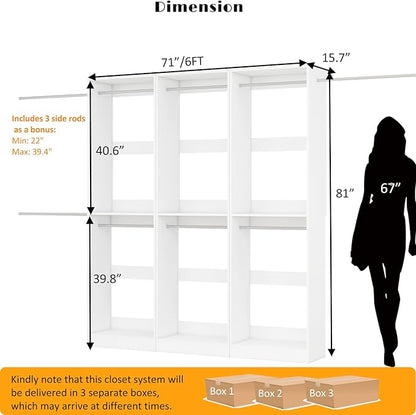 Closet System, 6FT Wood Closet Organizer System Small Walk-in Closet Freestanding Corner Closets Shelf Storage with 9 Hanging Rods, Modular Closet Systems White (6FT)