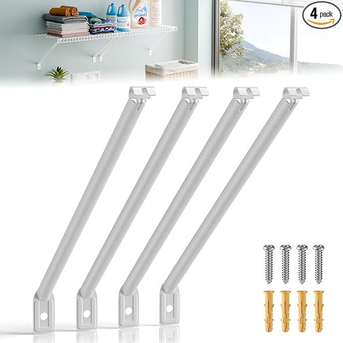 4 Pcs Wire Shelving Support Brackets 12in Wire Shelf Support Bracket,Reinforced Anti-Sag Design with Anchors & Pins – Strong Closet Shelf Brackets for Garage, Pantry & Storage (White)