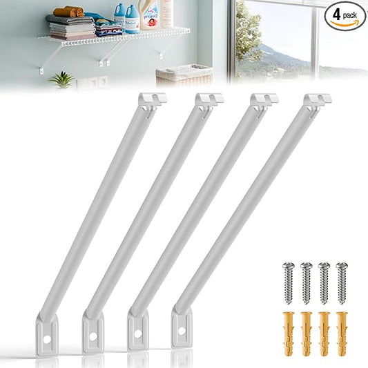 4 Pcs Wire Shelving Support Brackets 12in Wire Shelf Support Bracket,Reinforced Anti-Sag Design with Anchors & Pins – Strong Closet Shelf Brackets for Garage, Pantry & Storage (White)