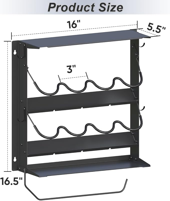 Spray Paint Can Holder with Paper Towel Holder for Home Garage Organizer, Wall Mount Paint Bottle Tool Utility Storage Rack with 8 Holes & 2 Shelf for Shop, Black