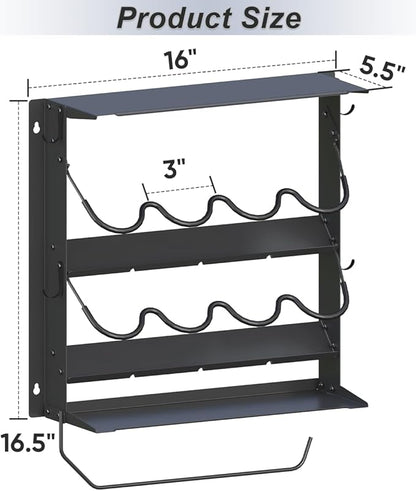 Spray Paint Can Holder with Paper Towel Holder for Home Garage Organizer, Wall Mount Paint Bottle Tool Utility Storage Rack with 8 Holes & 2 Shelf for Shop, Black