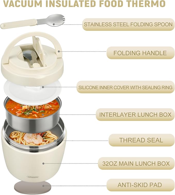 Thermo Food Jar for Hot Food Adults 32OZ Soup Thermo Lunch Containers Wide Mouth Vacuum Insulated Stainless Steel Leakproof Bento Box with Spoon (Beige)