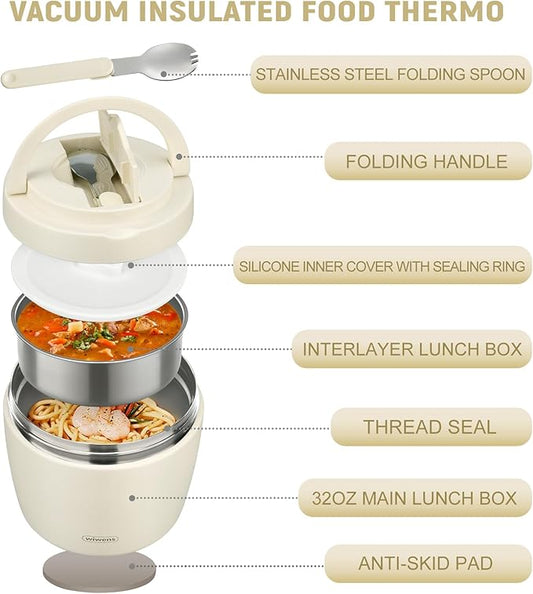 Thermo Food Jar for Hot Food Adults 32OZ Soup Thermo Lunch Containers Wide Mouth Vacuum Insulated Stainless Steel Leakproof Bento Box with Spoon (Beige)