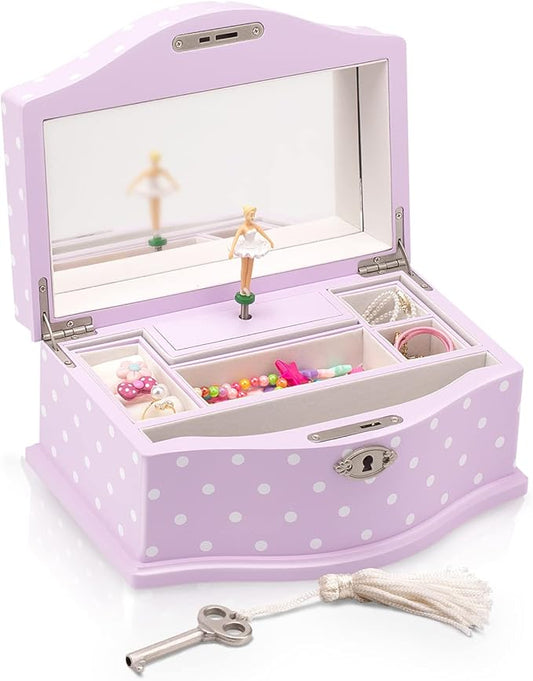 Elle Jewelry Box - Ballerina Jewelry Organizer and Swan Lake Wind-Up Music Box for Girls and Teens, Accessories and Keepsake Wooden Storage with Lock and Mirror, Charming Room Decor and Gift, Large