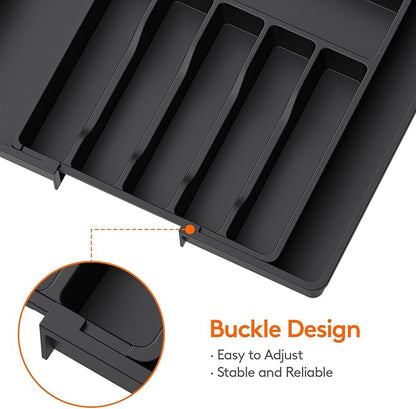 Lifewit Silverware Drawer Organizer, Expandable Utensil Tray for Kitchen, BPA Free Flatware and Cutlery Holder, Adjustable Plastic Storage for Spoons Forks Knives, 13-22 x 15", Black