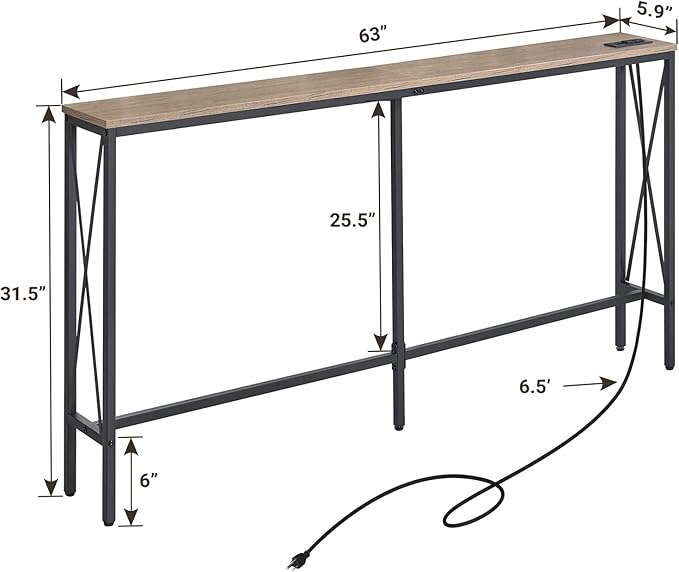 ELYKEN 5.9" Narrow Console Sofa Table with Power Outlets, 5.9" Dx63 Wx31.5 H Long Skinny Behind Couch Table with “X” Cross Metal Frame and Charge Station with 6.5’ Extension Cord, White Oak