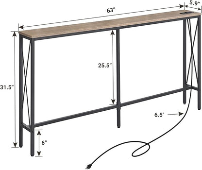 ELYKEN 5.9" Narrow Console Sofa Table with Power Outlets, 5.9" Dx63 Wx31.5 H Long Skinny Behind Couch Table with “X” Cross Metal Frame and Charge Station with 6.5’ Extension Cord, White Oak