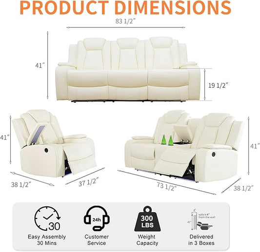 Power Recliner Sofa Set with LED, Leather Reclining Sofa Set Living Room Furniture Set, 2PCS Recliner Loveseat & Chair Sets with Smart Charging Pad,Cup Holders for Home/Office