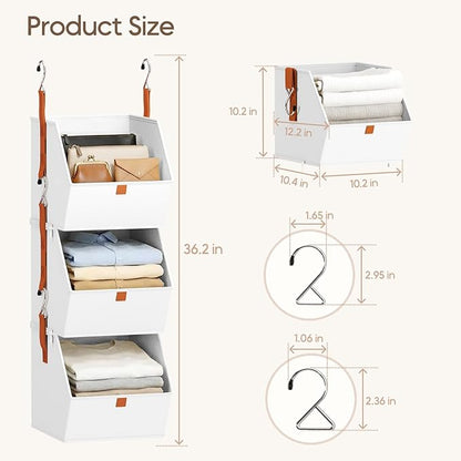 Collapsible Hanging Closet Organizer - 6 Tier Closet Shelves Storage System with Hooks, Fabric Hanging Storage Bins for Clothes, Foldable Storage Basket for Laundry, Bedroom, Rv, White