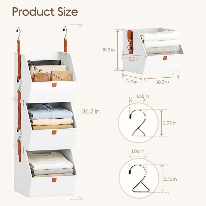 Collapsible Hanging Closet Organizer - 3 Tier Closet Shelves Storage System with Hooks, Fabric Hanging Storage Bins for Clothes, Foldable Storage Basket for Laundry, Bedroom, Rv, White