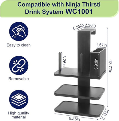 4-in-1 Flavor Pods Holder for Ninja Thirsti WC1001 | 3-Tier Wood Drink Station Accessory Organizer Holds 20 Flavor Pods with Cup, Lid & Straw Dispenser | Syrup Caddy for Ninja Soda Maker (Shelf Only)