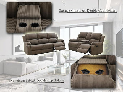 Corduroy Sectional Couch, Living Room Furniture Sets, 5PCS Brown Manual Reclining Sectional Sofa Set with Sofa Loveseat with 5 Recliner Seats, Drop-Down Table, Cup Holders, Storage Console