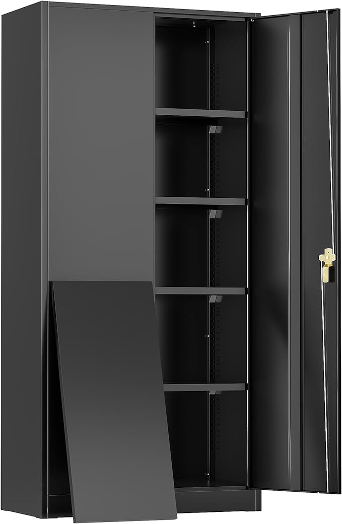 Greenvelly Metal Lockable Storage Cabinet, 72” Tall Storage Cabinet with 2 Doors and 4 Adjustable Shelves for Office, Home, Garage, Pantry (Assembly Required, 18”D, Black)