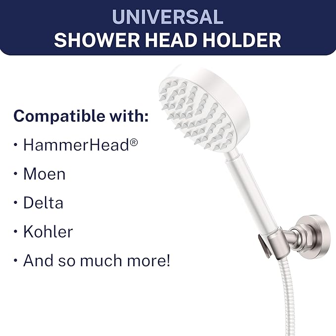 HammerHead Showers Solid Metal Handheld Showerhead Holder Wall Mount, Adjustable Screw-Mounted Pivot Ball, Shower Hose Holder, Fits Most Handheld Showerheads, Brushed Nickel