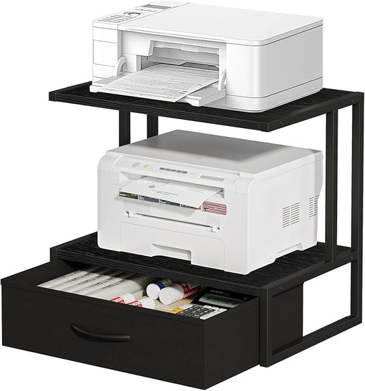 Printer Stand with Storage for Desk, with Fabric Drawer Desktop Printer Stand Shelf Organzier for Home Office, for Above and Under Desk Printer Table, Fax Machine Copier Scanner, Black