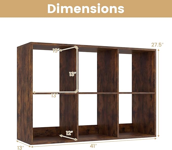 Giantex 6-Cube Bookcase, Cubby Bookshelf w/Back Guardrail & Anti-Tipping Kits, 9-Tier Freestanding Storage Organizer with Shelves, Open Back Display Rack for Living Room, Bedroom, Study, Rustic Brown
