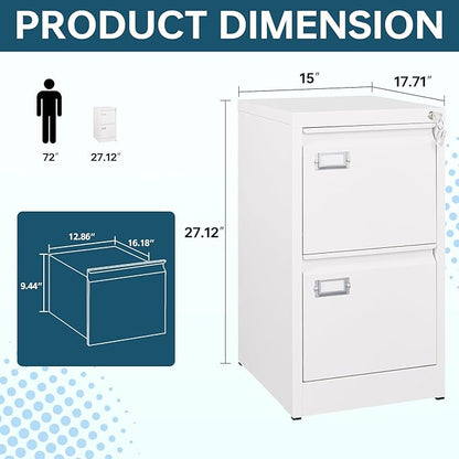 MIIIKO White 2 Drawer File Cabinet, Vertical Filing Cabinet with Lock, Home Office Storage Cabinet for Letter Legal A4 File Size
