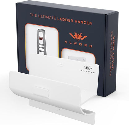 White Ladder Hooks for Garage Wall - Step Ladder Holder Wall Mount - Step Stool Garage Wall Hanger