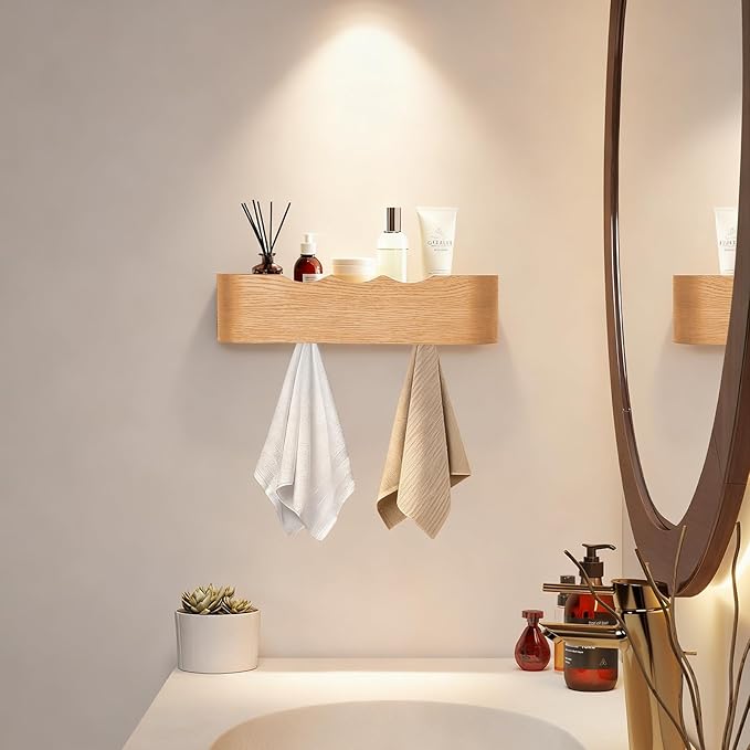 Wall Coat Rack Floating Shelves Modern Coat Rack Wall Mount with Storage Entryway Shelf Wooden Hanger 20 Inch 4 Hidden Metal Hooks for Living Room Bedroom (Wavy Oak, 4 Hooks)