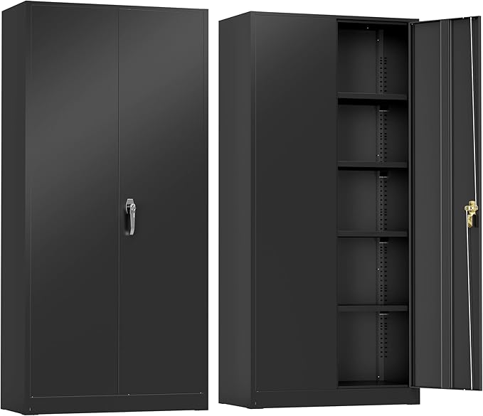 Greenvelly Metal Cabinet, 72" Black Locking Metal Storage Cabinet with 2 Doors and 4 Adjustable Shelves, Lockable Garage Storage Cabinets for Home Office, Garage, Kitchen, Living Room
