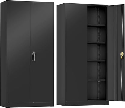 Greenvelly Metal Cabinet, 72" Black Locking Metal Storage Cabinet with 2 Doors and 4 Adjustable Shelves, Lockable Garage Storage Cabinets for Home Office, Garage, Kitchen, Living Room