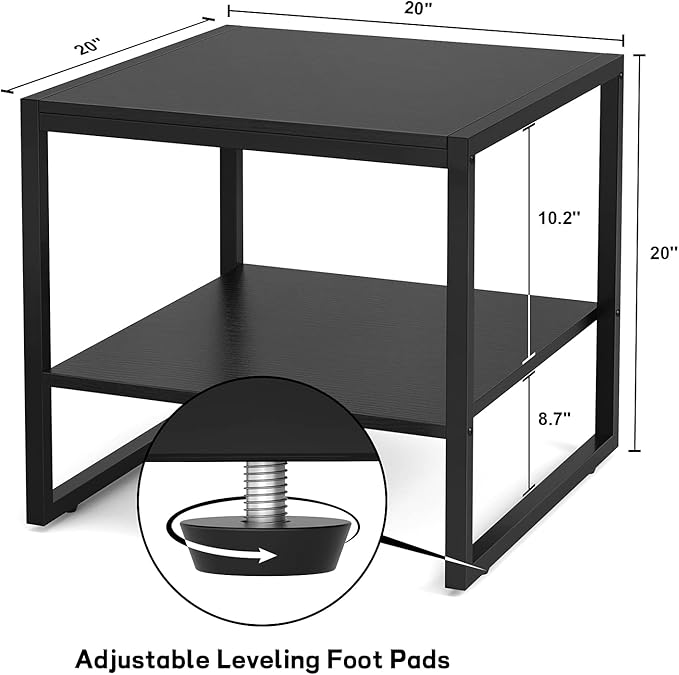 Homieasy End Table, 20 Inch Square End Table, Mini Fridge Stand with 2-Tier Storage Shelves, Industrial Wood Side Table Small Table Stand for Living Room, Bedroom, Office, Black