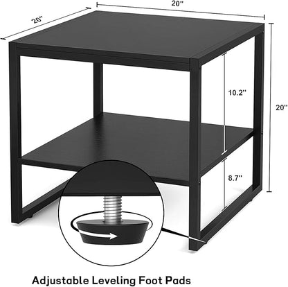 Homieasy End Table, 20 Inch Square End Table, Mini Fridge Stand with 2-Tier Storage Shelves, Industrial Wood Side Table Small Table Stand for Living Room, Bedroom, Office, Black