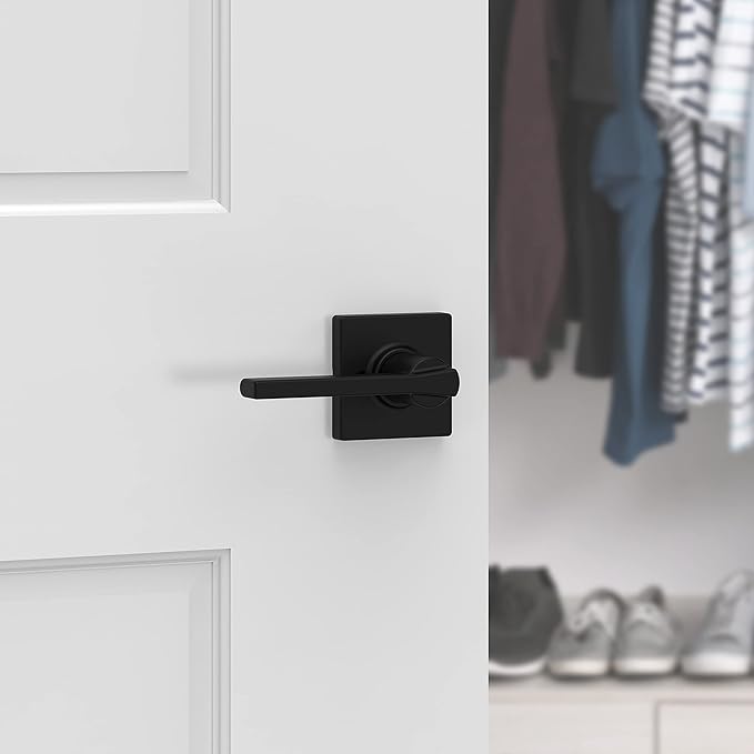 Kwikset Casey Dummy Door Handle 2 Pack, Single Sided Lever for Closets, French Double Doors, and Pantry, Matte Black Non-Turning Reversible Interior Push/Pull Lever, with Microban Protection