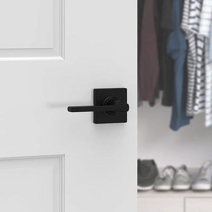 Kwikset Casey Dummy Door Handle 2 Pack, Single Sided Lever for Closets, French Double Doors, and Pantry, Matte Black Non-Turning Reversible Interior Push/Pull Lever, with Microban Protection