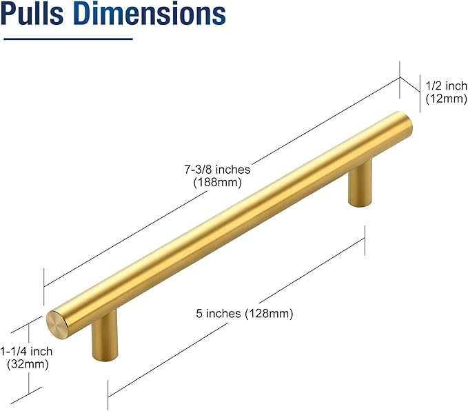 JOY DECOR 25 Pack 7-3/8 Inch Cabinet Pulls Kitchen Cabinet Handles with 5 Inch Hole Center Brushed Brass Cabinet Hardware Stainless Steel Kitchen Drawer Pulls for Cabinets Cupboard, 128mm Hole Centers